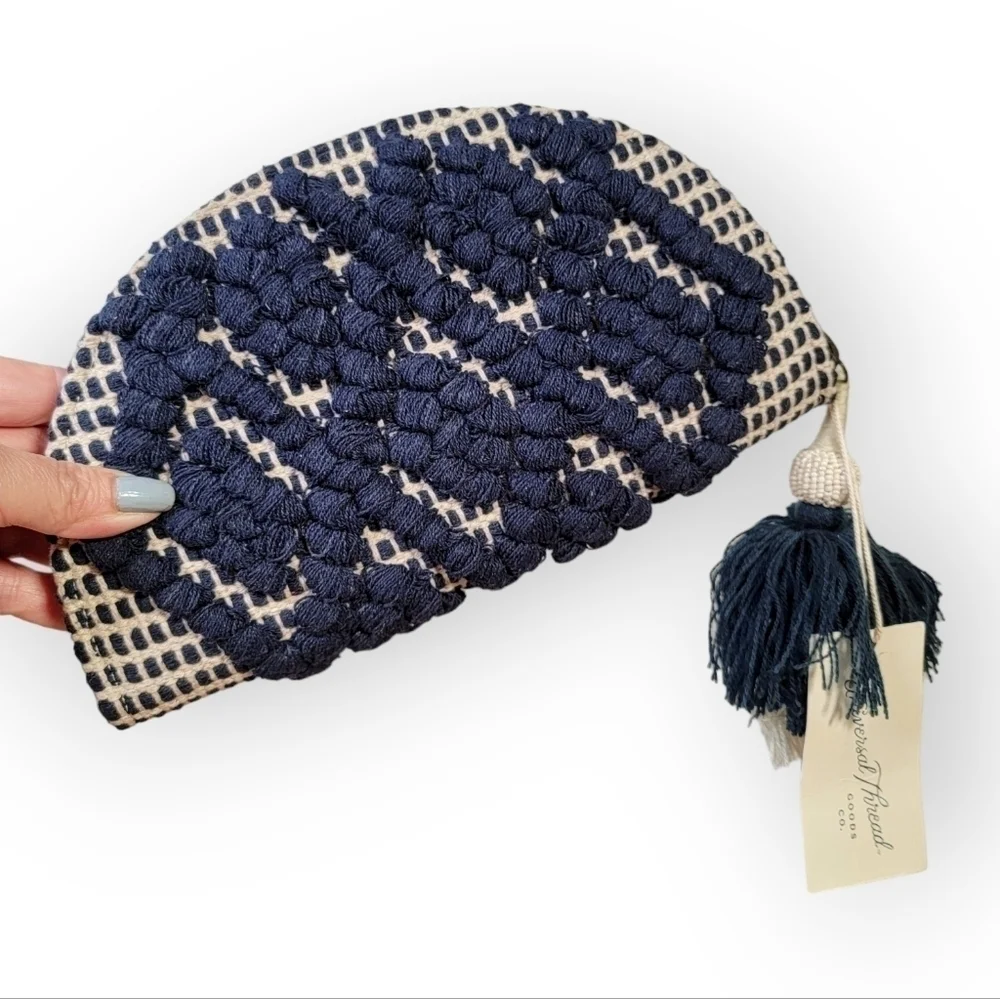 Universal Thread Blue Embroidered Boho Clutch with Beaded Tassel